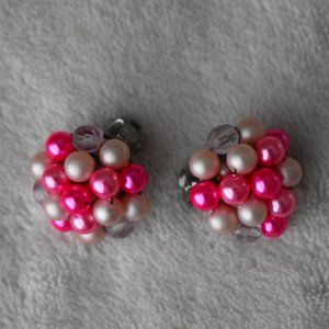 Pink and Pearl Colored Beaded Cluster Clip-on Earrings